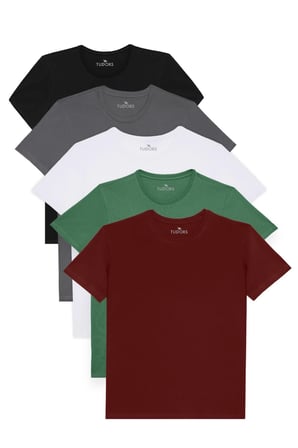Unisex 5'li Paket Siyah-Beyaz-Bordo-Z.Yeşili-Gri Slim Fit Dar Kesim %100 Pamuk Bisiklet Yaka Tişört