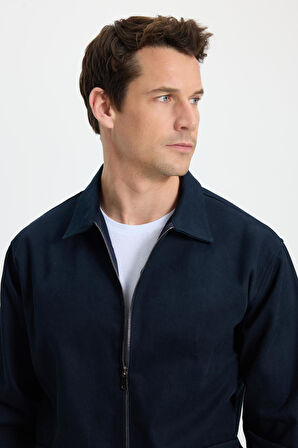 Erkek Relax Fit Rahat Kesim Çift Cep Kapaklı Fermuarlı Beli Lastikli Düz Lacivert Ceket Mont Gömlek