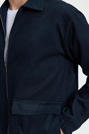 Erkek Relax Fit Rahat Kesim Çift Cep Kapaklı Fermuarlı Beli Lastikli Düz Lacivert Ceket Mont Gömlek