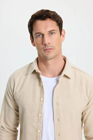 Erkek Slim Fit Dar Kesim Uzun Kollu Düz Kışlık Oduncu Bej Gömlek