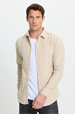 Erkek Slim Fit Dar Kesim Uzun Kollu Düz Kışlık Oduncu Bej Gömlek