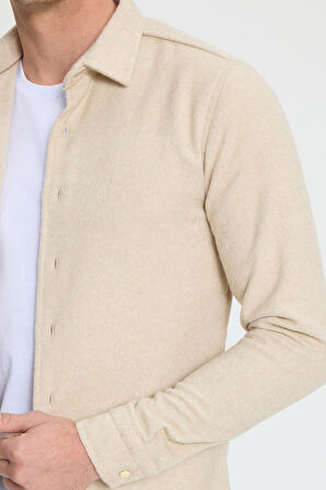 Erkek Slim Fit Dar Kesim Uzun Kollu Düz Kışlık Oduncu Bej Gömlek