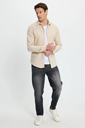 Erkek Slim Fit Dar Kesim Uzun Kollu Düz Kışlık Oduncu Bej Gömlek