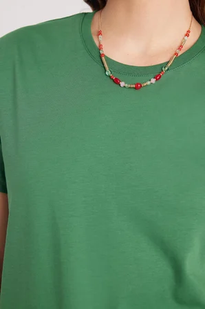 Kadın Bol Kesim Rahat Duruş %100 Pamuk Yumuşak Dokulu Yeşil Bisiklet Yaka Tişört