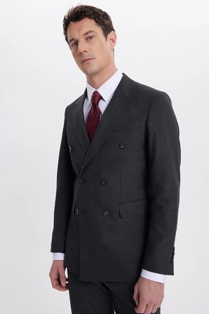 Erkek Slim Fit Sivri Yaka Çizgili Kapaklı Cepli Antrasit Takım Elbise