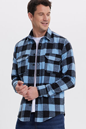 Erkek Slim Fit Dar Kesim Uzun Kollu Kapaklı Çift Cepli Kareli Kışlık Oduncu Gömlek