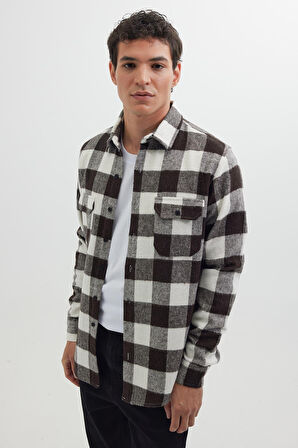 Erkek Slim Fit Dar Kesim Uzun Kollu Kapaklı Çift Cepli Kareli Kışlık Oduncu Gömlek