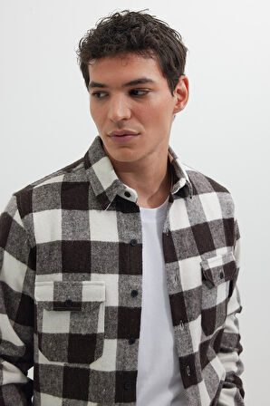 Erkek Slim Fit Dar Kesim Uzun Kollu Kapaklı Çift Cepli Kareli Kışlık Oduncu Gömlek