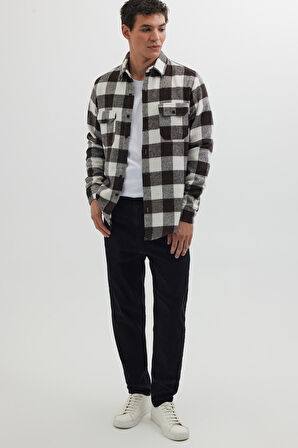 Erkek Slim Fit Dar Kesim Uzun Kollu Kapaklı Çift Cepli Kareli Kışlık Oduncu Gömlek