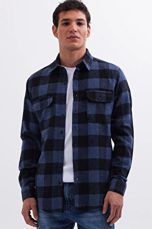 Erkek Slim Fit Dar Kesim Uzun Kollu Kapaklı Çift Cepli Kareli Kışlık Oduncu Gömlek