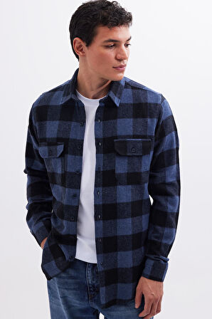 Erkek Slim Fit Dar Kesim Uzun Kollu Kapaklı Çift Cepli Kareli Kışlık Oduncu Gömlek
