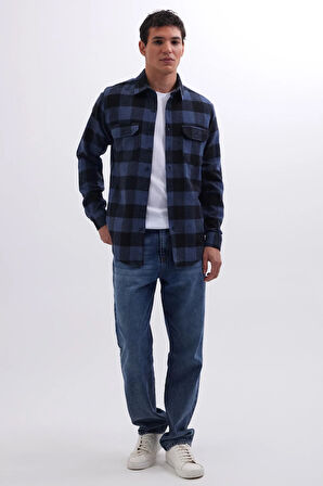 Erkek Slim Fit Dar Kesim Uzun Kollu Kapaklı Çift Cepli Kareli Kışlık Oduncu Gömlek