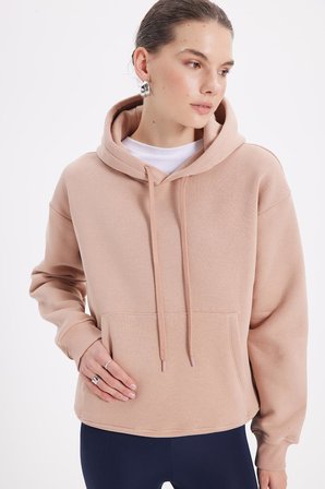 Kadın Oversize Geniş Kesim Pamuklu Yumuşak Dokulu İçi Polarlı Basic Vizon Kapüşonlu Sweatshirt