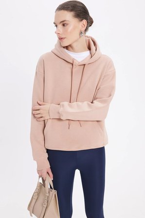Kadın Oversize Geniş Kesim Pamuklu Yumuşak Dokulu İçi Polarlı Basic Vizon Kapüşonlu Sweatshirt