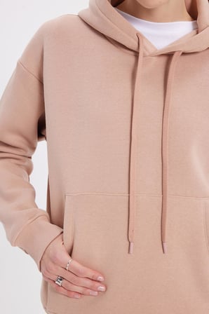 Kadın Oversize Geniş Kesim Pamuklu Yumuşak Dokulu İçi Polarlı Basic Vizon Kapüşonlu Sweatshirt