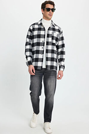 Erkek Relax Fit Rahat Kesim Uzun Kollu Cepli Dama Desen Kareli Apaş Yaka Kışlık Oduncu Gömlek