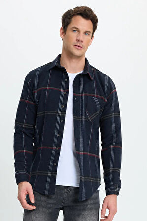 Erkek Slim Fit Dar Kesim Kareli Cepli Siyah Oduncu Gömlek