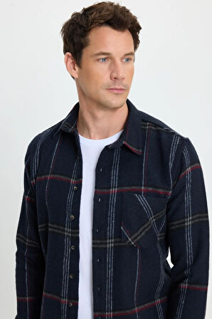 Erkek Slim Fit Dar Kesim Kareli Cepli Siyah Oduncu Gömlek