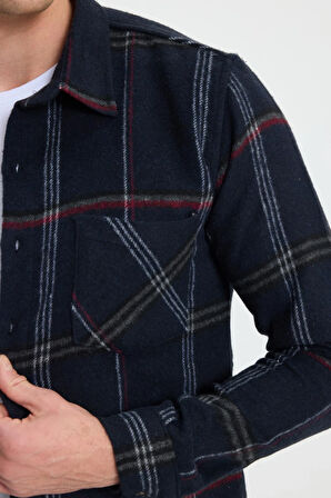 Erkek Slim Fit Dar Kesim Kareli Cepli Siyah Oduncu Gömlek