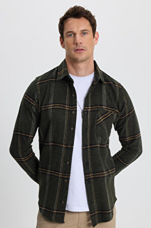 Erkek Slim Fit Dar Kesim Kareli Cepli Haki Oduncu Gömlek
