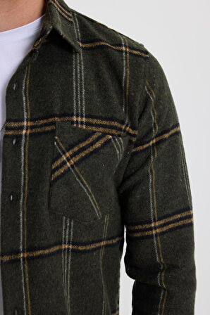 Erkek Slim Fit Dar Kesim Kareli Cepli Haki Oduncu Gömlek