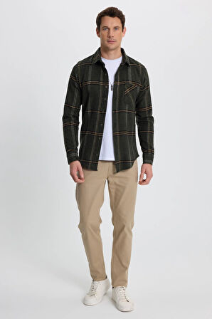 Erkek Slim Fit Dar Kesim Kareli Cepli Haki Oduncu Gömlek