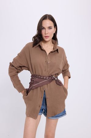 Kadın Oversize Geniş Kesim %100 Pamuk Müslin Kumaş Uzun Kollu Cepli Dokulu Kahverengi Gömlek