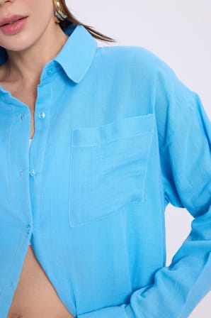 Kadın Oversize Geniş Kesim %100 Pamuk Müslin Kumaş Uzun Kollu Cepli Dokulu Mavi Gömlek