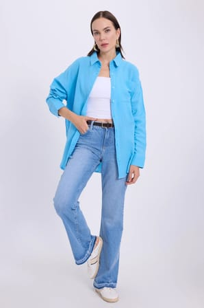Kadın Oversize Geniş Kesim %100 Pamuk Müslin Kumaş Uzun Kollu Cepli Dokulu Mavi Gömlek