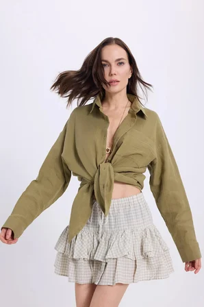 Kadın Oversize Geniş Kesim %100 Pamuk Müslin Kumaş Uzun Kollu Cepli Dokulu Haki Gömlek