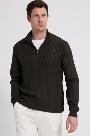 Erkek Slim Fit Dar Kesim Dik Yaka Fermuarlı Koyu Haki Kazak