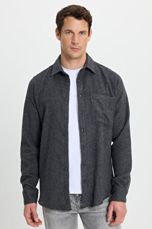 Erkek Slim Fit Dar Kesim  Armürlü Oduncu Cepli Spor Yaka Antrasit Gömlek