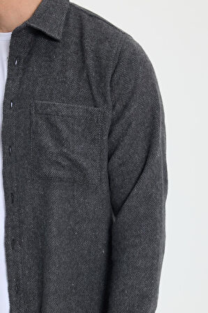Erkek Slim Fit Dar Kesim  Armürlü Oduncu Cepli Spor Yaka Antrasit Gömlek