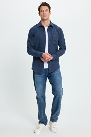 Erkek Slim Fit Dar Kesim  Armürlü Oduncu Cepli Spor Yaka İndigo Gömlek