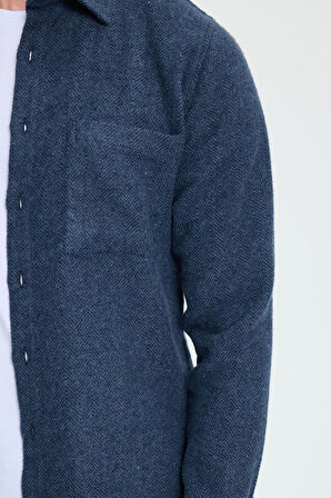 Erkek Slim Fit Dar Kesim  Armürlü Oduncu Cepli Spor Yaka İndigo Gömlek