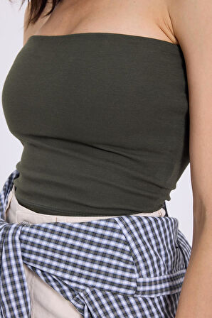 Kadın Slim Fit Dar Kesim Pamuklu Straplez Haki Bluz