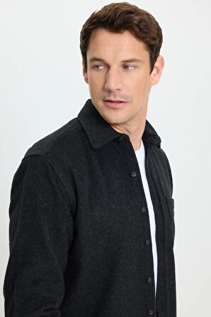 Erkek Regular Fit Klasik Kesim Düz Cepli Koyu Antrasit Oduncu Gömlek