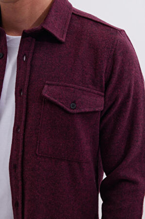 Erkek Slim Fit Tek Cep Kapaklı Düz Oduncu Spor Bordo Gömlek