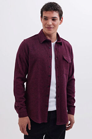 Erkek Slim Fit Tek Cep Kapaklı Düz Oduncu Spor Bordo Gömlek