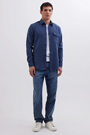 Erkek Slim Fit Tek Cep Kapaklı Düz Oduncu Spor İndigo Gömlek