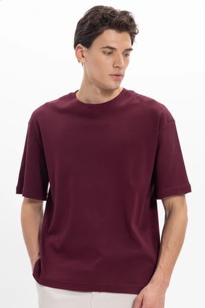 Unisex Oversize Geniş Kesim %100 Pamuk Yumuşak Dokulu Basic Bisiklet Yaka Bordo Tişört