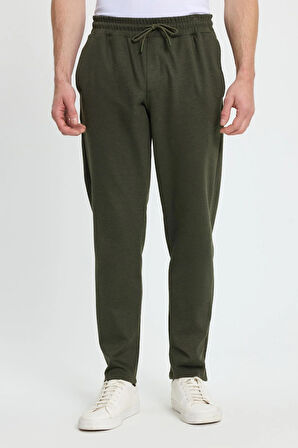 Erkek Regular Fit Klasik Kesim Beli Lastikli Bağcıklı Koyu Haki Jogger Pantolon