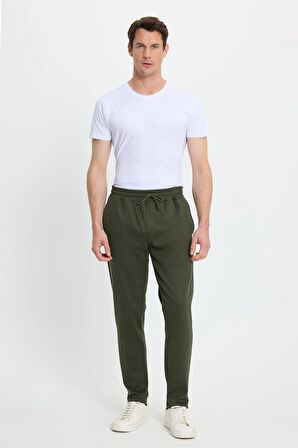 Erkek Regular Fit Klasik Kesim Beli Lastikli Bağcıklı Koyu Haki Jogger Pantolon