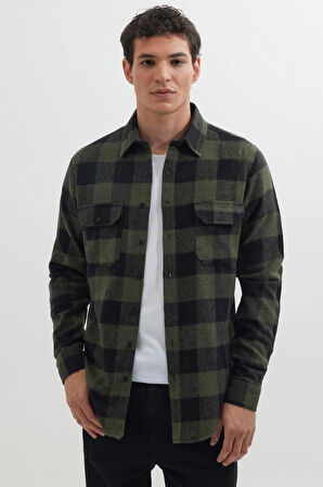 Erkek Slim Fit Dar Kesim Uzun Kollu Kapaklı Çift Cepli Kareli Kışlık Oduncu Gömlek