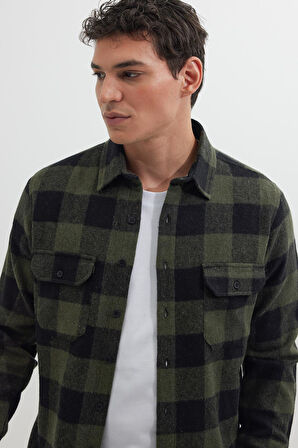 Erkek Slim Fit Dar Kesim Uzun Kollu Kapaklı Çift Cepli Kareli Kışlık Oduncu Gömlek