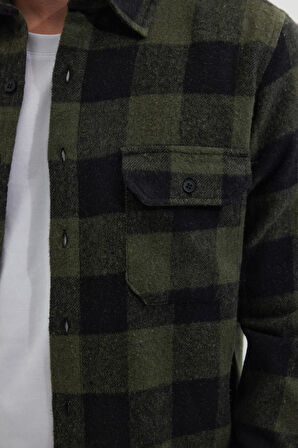 Erkek Slim Fit Dar Kesim Uzun Kollu Kapaklı Çift Cepli Kareli Kışlık Oduncu Gömlek