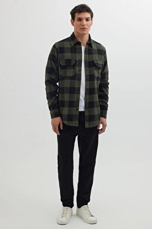 Erkek Slim Fit Dar Kesim Uzun Kollu Kapaklı Çift Cepli Kareli Kışlık Oduncu Gömlek