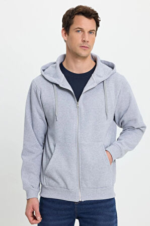 Unisex Relax Fit Rahat Kesim Pamuklu İçi Polarlı Çift Cepli Tam Fermuarlı Gri Kapüşonlu Sweatshirt