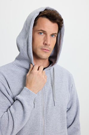 Unisex Relax Fit Rahat Kesim Pamuklu İçi Polarlı Çift Cepli Tam Fermuarlı Gri Kapüşonlu Sweatshirt