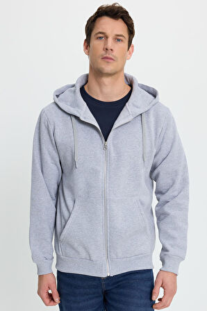 Unisex Relax Fit Rahat Kesim Pamuklu İçi Polarlı Çift Cepli Tam Fermuarlı Gri Kapüşonlu Sweatshirt